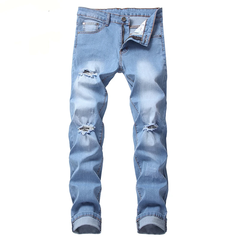 Pantalones vaqueros para hombre, vaqueros con agujeros rasgados huecos, color claro|Pantalones vaqueros| AliExpress