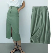 

Dave&Di Enlgand Style Fashion Solid Elegant Forking Cotton High Waist Midi Faldas Mujer Moda 2021Long Skirt Women