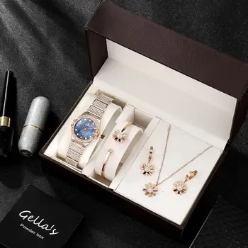 

4PCS Watches women jewelry gift set fashion diamond rose gold quartz watches with necklace earring bracelets sets with gift box