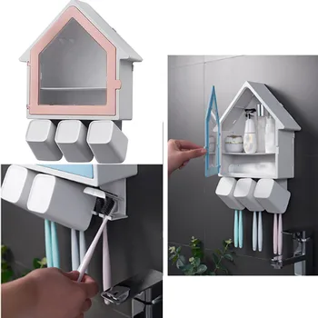 

2019 New 1 Set Magnetic bathroom set Suction Cup Toothbrush Holder with wash cup hanging Accessories Mouth cup toothbrush rack