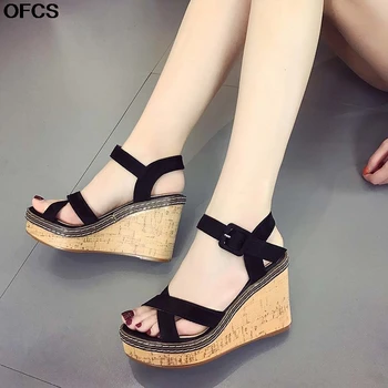 

Summer Women Sandals Buckle Flock Fish Mouth Wedge Sandals high Heel Platform Open Toes Women Sandals Wedge Women Shoes 35-40