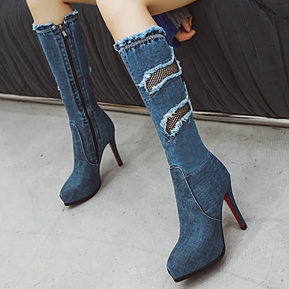 

SARAIRIS Brand Design Denim Boots Women Shoes Winter Platform Sexy Thin High Heels knee High Boots Sexy Boots Woman Plus Size 43