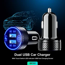 Chargeur double USB pour voiture QC3.0, avec interrupteur tactile, indicateur LED, charge rapide, prise de courant, pour téléphone portable, noir 