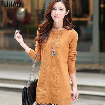 

TUHAO 2019 Winter Sweaters Elegant Femme Knit Sweater Long Sweater Pullovers Women Flower Collar Ruched Autumn Tops Clothes HC31