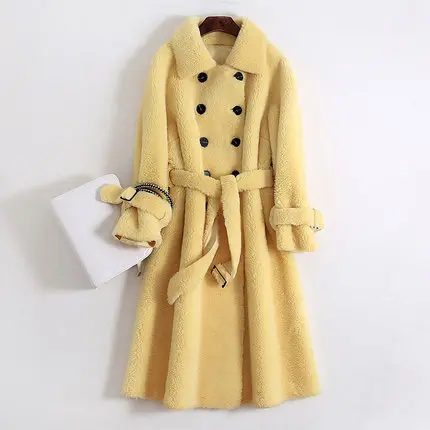 Yellow Зимнее длинное пальто из овечьей шерсти для женщин, Новое высококачественное шерстяное тонкое меховое пальто для женщин, модное зимнее меховое пальто - Цвет: Yellow