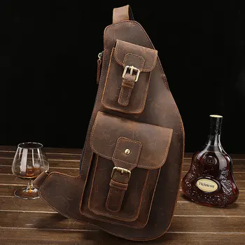 

Cowhide Retro Crazy Horse Leather Handmade Large-capacity Men's Messenger Bag Chest Bag Leather Shoulder Bag