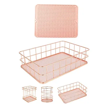 

Silicone Dish Drying Mat Non-Slip Placemat Tableware Silicone Pink & Metal Storage Baskets, 4-Pack Mesh Wire Basket Set
