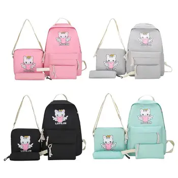 

Women Oxford 4pcs Sets Cute Cat Print Student Pen Cross-body Bag Backpack