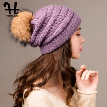 FURTALK зимняя шапка бини женская теплая плотная вязаная громоздкая шапка бини женская шапка с натуральным мехом и помпоном женская зимняя шапка Новинка