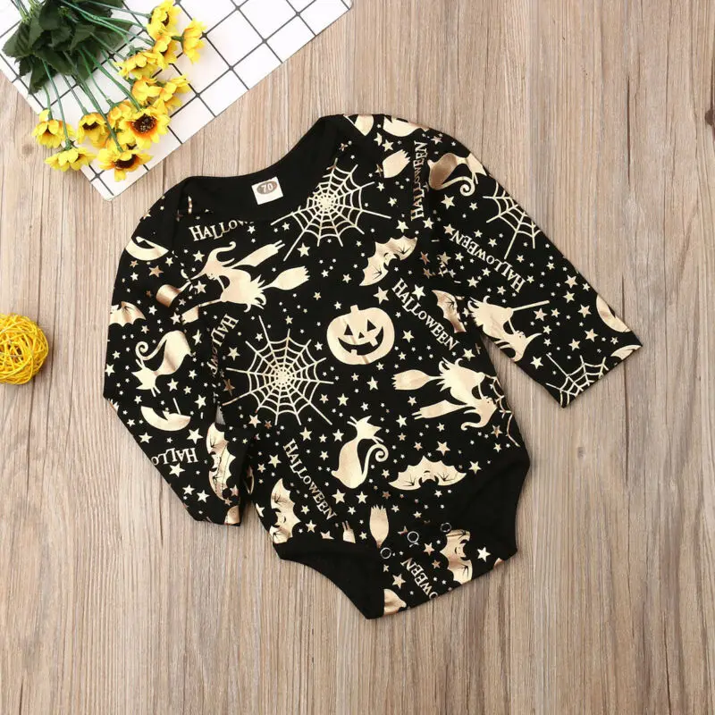 Lovely Halloween Party Newborn Baby Rompers Clothes Toddler Boys Girls Long Sleeve Gold Pumpkin Printed Outfit Costumes