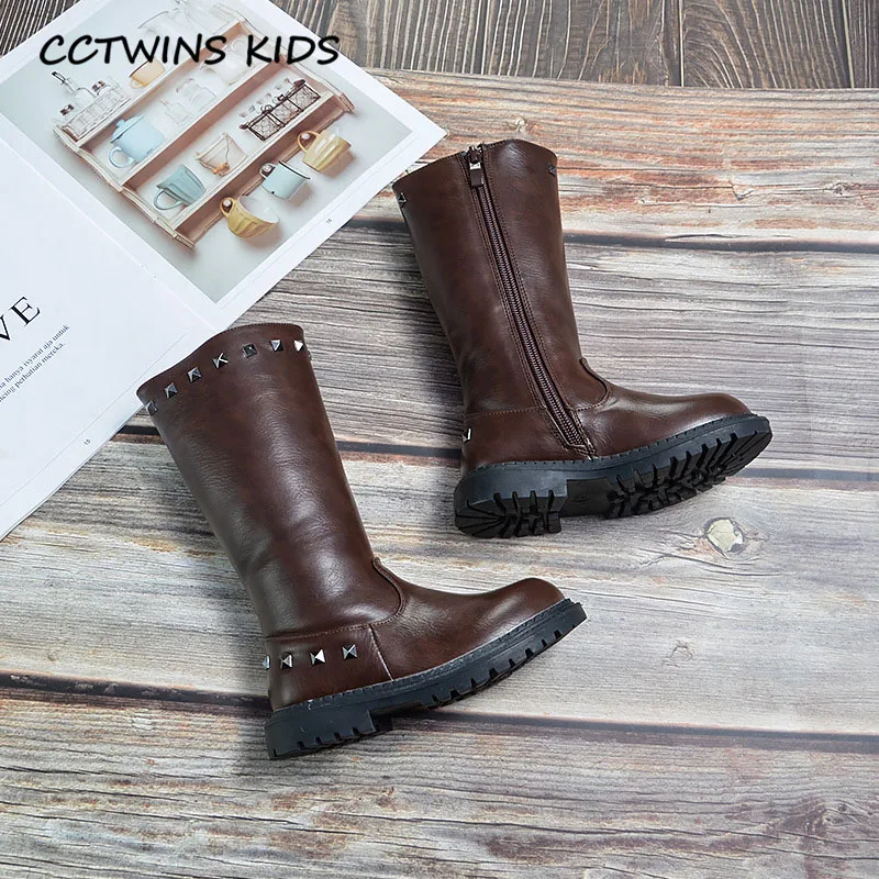 Autumn Brown CCTWINS/детская обувь; коллекция года; зимние детские брендовые ботинки; детская теплая обувь из искусственной кожи; модные сапоги до колена для девочек; HB073 - Цвет: Autumn Brown