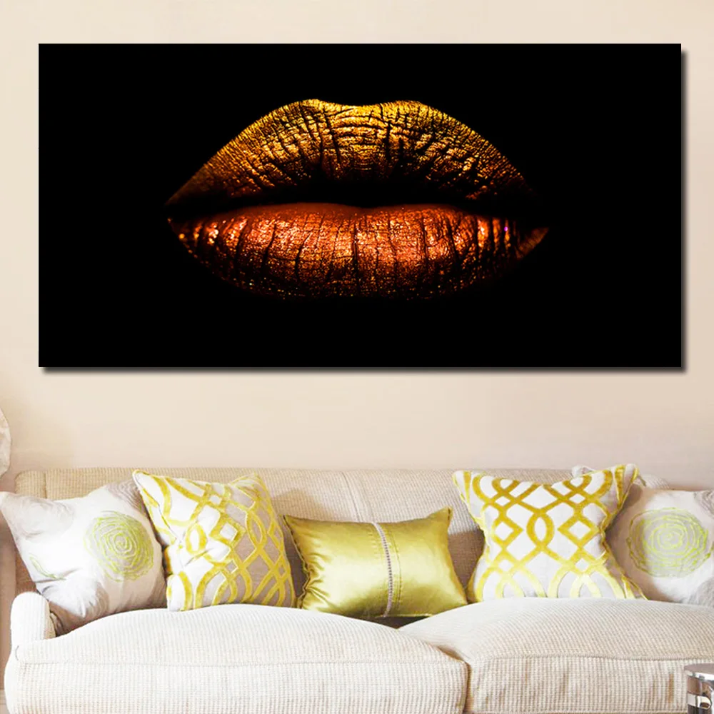 Золотые губы градиентные на черном холсте Печать сексуальный домашний декор