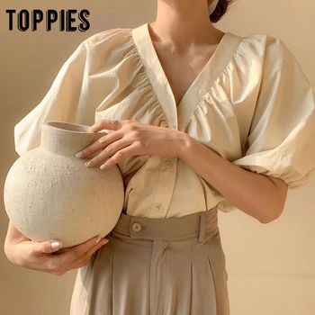 

woman blouses batwing sleeve v-neck tops summer button short shirts solid color women tops