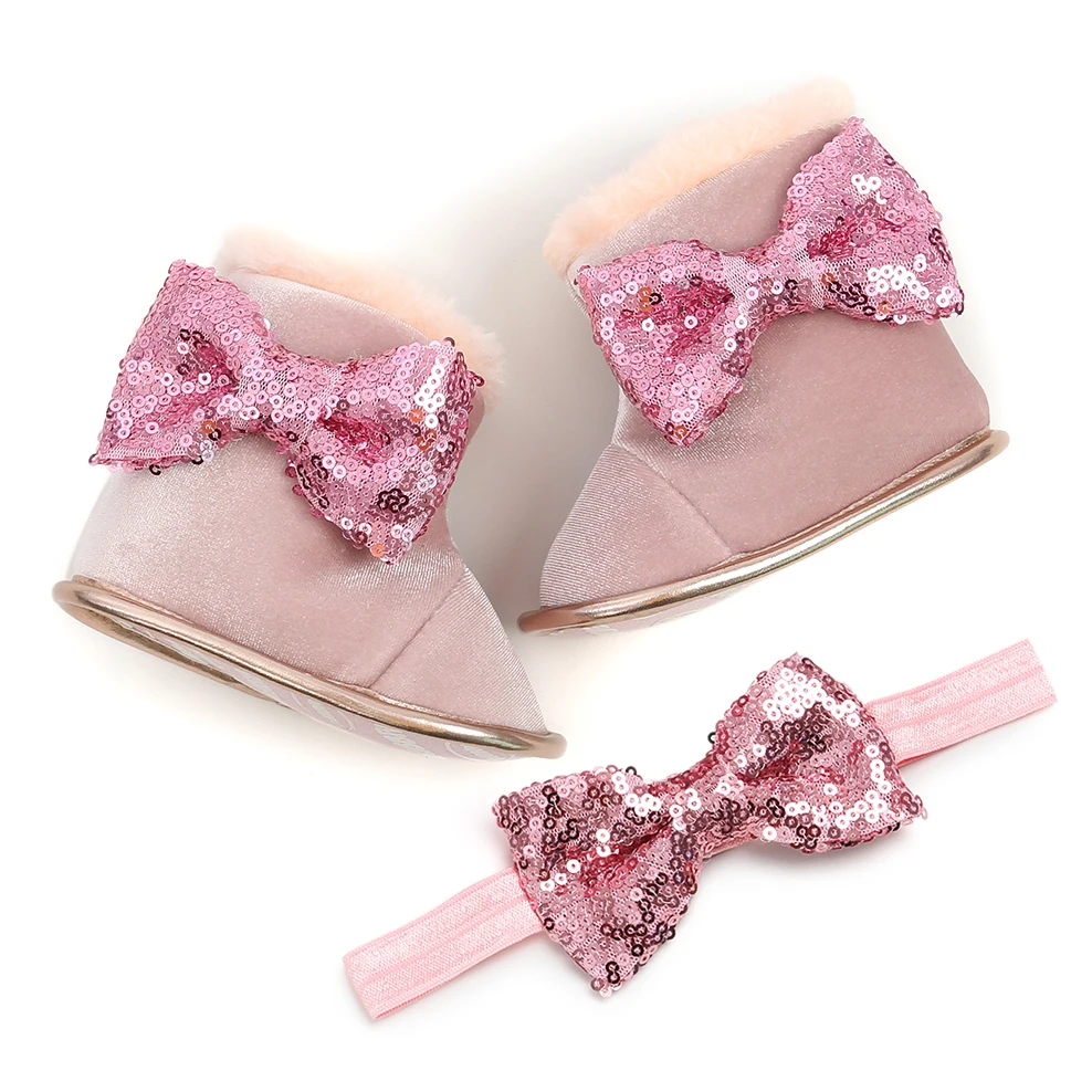 Newborn Baby Shoes Bow Fur Winter Warm Baby Girls Boots With Hairband Mid-Calf Length Slip-On Infant Furry Boots 0-18M