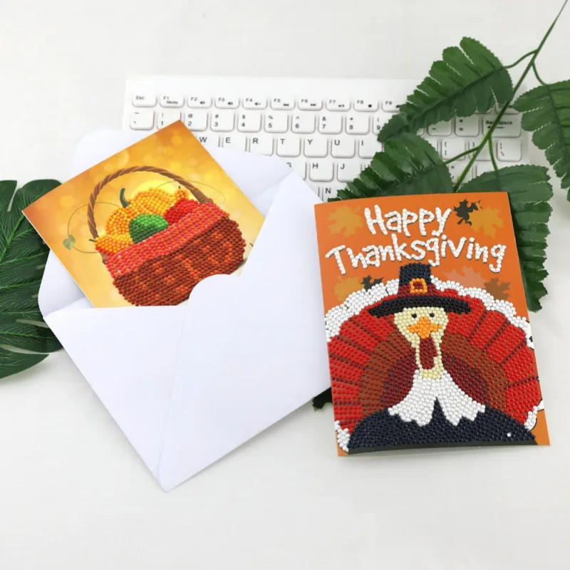  4PCS Thanksgiving Cards 5D DIY Diamond Painting Cross Stitch Greeting Card Invitations Hand Embroid - 4.0003E+12