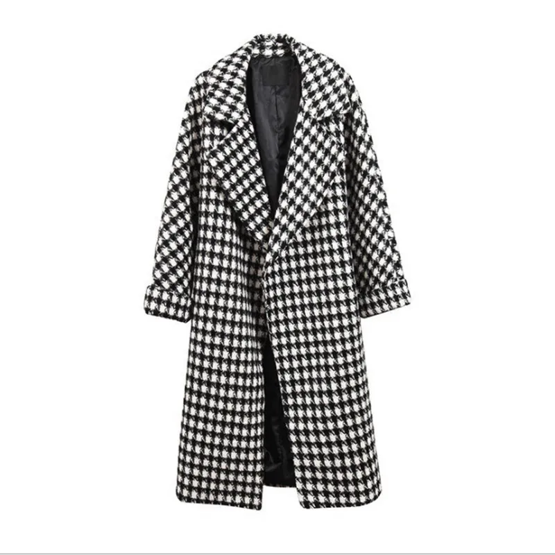 Новое Женское шерстяное пальто в клетку элегантное Свободное длинное шерстяное пальто зимнее шерстяное пальто выше колена клетчатое пальто для женщин пальто