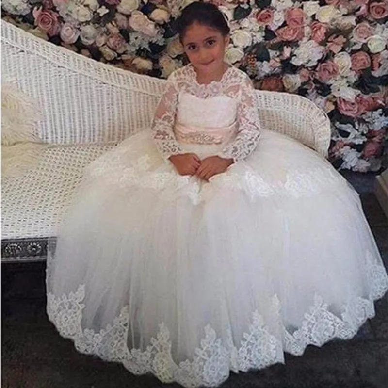 

Tiered Flower Girl Dresses A Line Jewel Lace Applique Girls Pageant Dresses With Beaded Sash For Wedding Party