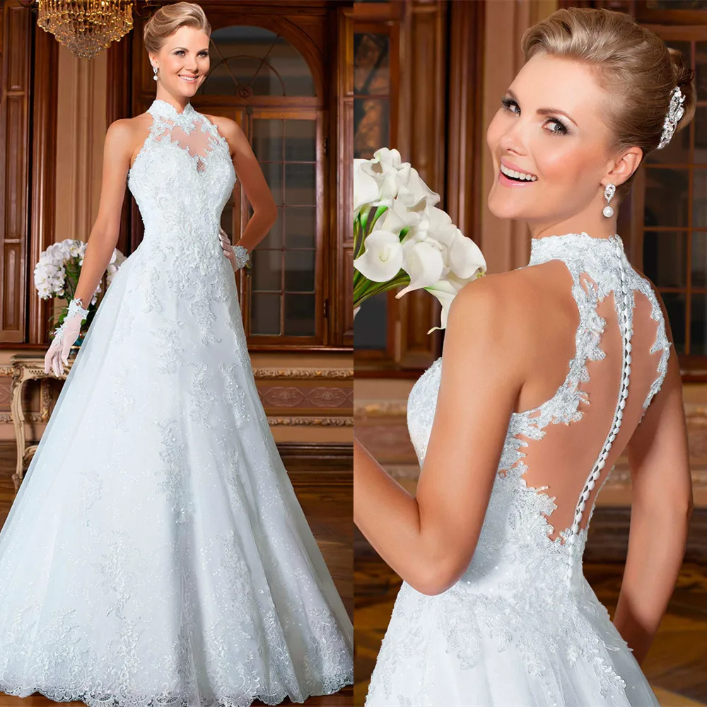 Vestido de renda branco robe de soiree vestidos noiva, платье принцессы с лямкой на шее, ТРАПЕЦИЕВИДНОЕ свадебное платье, платья для матери невесты