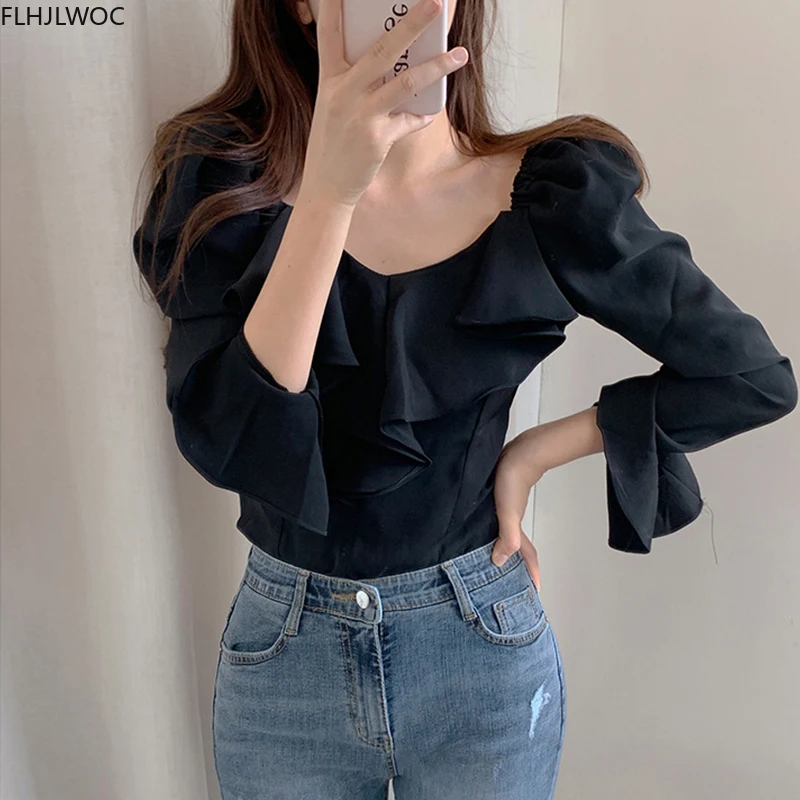 Ruffled Tops And Blouses Autumn Fall Basic Wear Flare Sleeve Chic Korean Fashion Shirts Black Off Shoulder Women Top Blusas 2