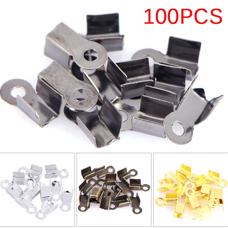 

100cs/lot Cove Clasps Cord End Caps String Ribbon Leather Clip Tip Fold Over Clasp Crimp Bead Connectors For DIY Jewelry Making