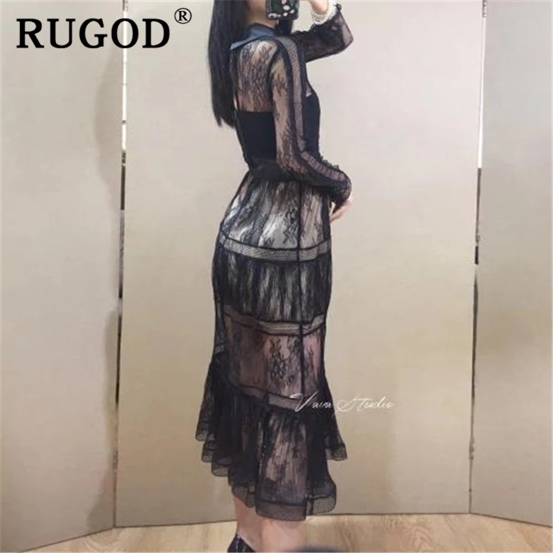 RUGOD 2020 весеннее кружевное длинное женское платье элегантное вечернее с отложным