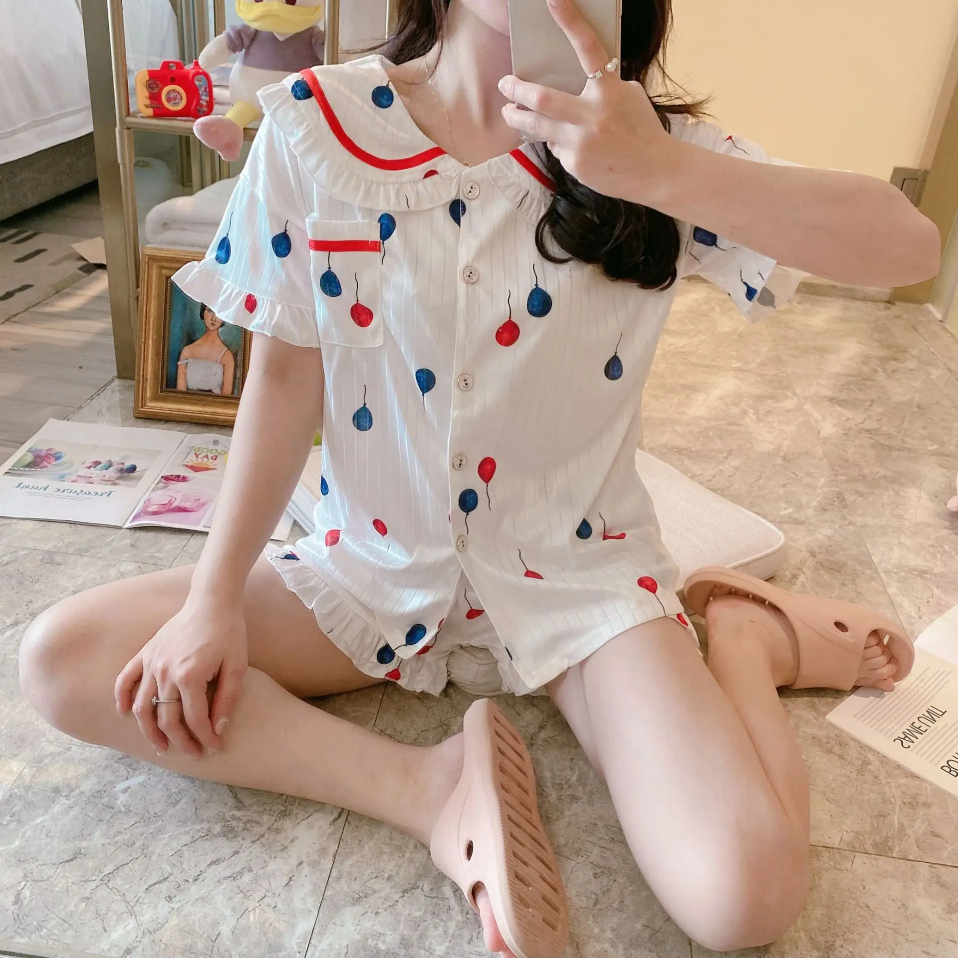 

Wechat Business huo bao kuan Princess Style Sweet Cardigan Short Sleeve Fold-down Collar Pajamas Tracksuit Piece Zh-Double Color