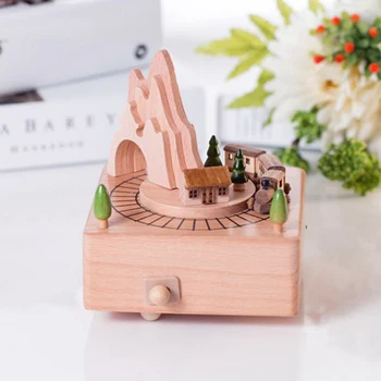 

Wooden Musical Box Featuring Mountain Tunnel With Small Moving netic Train |Plays