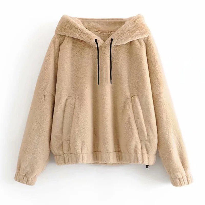 

Jz66 WOMEN'S Dress Autumn And Winter New Style Fluffy Thick Daishu Pocket Jacket Loose Casual Hooded Coat Fashion