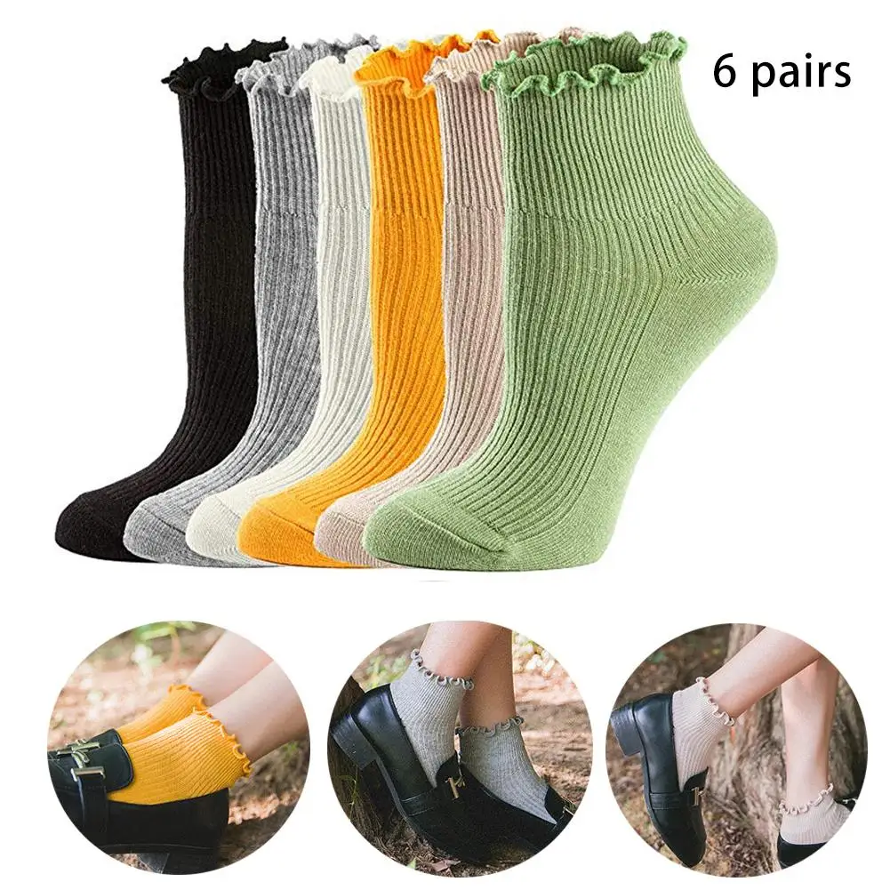 Носки для девочек и женщин с деревянными ушками и рюшами; повседневные дышащие удобные мягкие милые носки; вязаные хлопковые носки; 6 пар