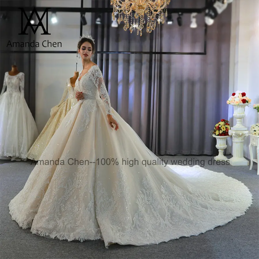 Robe de mariage длинный рукав кружева аппликация свадебное платье