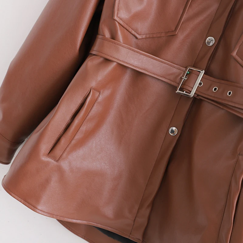 AGong/пальто из искусственной кожи коричневого цвета; женские модные куртки с отложным воротником; элегантные женские пальто с поясом и карманами на талии