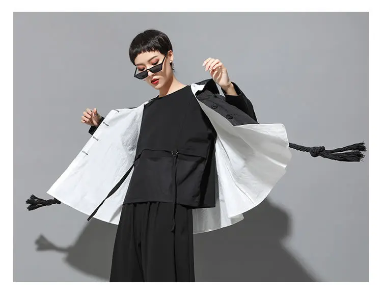 Черный с защитой от холодного ветра куртка с капюшоном Женская корейский Модный комплект для девочек из 2 предметов в стиле пэчворк шнурок