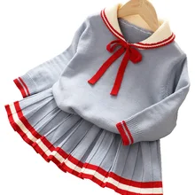 Комплект одежды для маленьких девочек, свитер, трикотажная одежда для девочек, 2 предмета, школьная одежда, детская одежда, рубашка+ короткая юбка, костюм