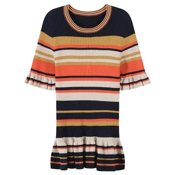 

Runway Tees Ruffles Short Sleeve Slim T Shirts Women Fashion Striped Knitted T-Shirt Spring Summer All-match Top Ladies 2020