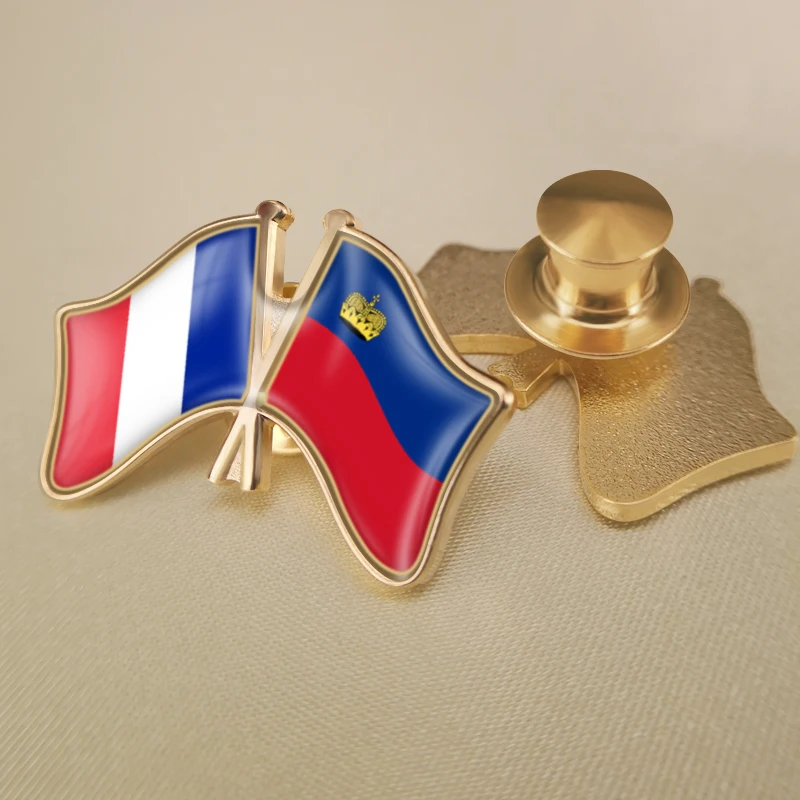 France and Liechtenstein Crossed Double Friendship Flags Lapel Pins Brooch Badges