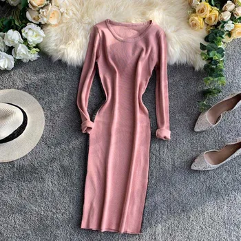 

NiceMix Turtleneck Sweater Dress 2019 Autumn Winter Warm Knitted Long Dress Women Pocket Patchwork Long Sleeve Casual Pullover D