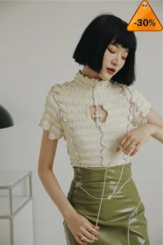 

Short Sleeve Summer Ruffle Blouse Women Turtleneck Ladies Tops Cut Out Ruched Frilly Top Aesthetic 2020
