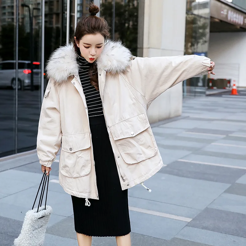 

Photo Shoot Winter Loose-Fit Candy-Colored Workwear Thick Hooded Coat Women's Mid-length Large Fur Collar Hooded Cowboy Cotton-p