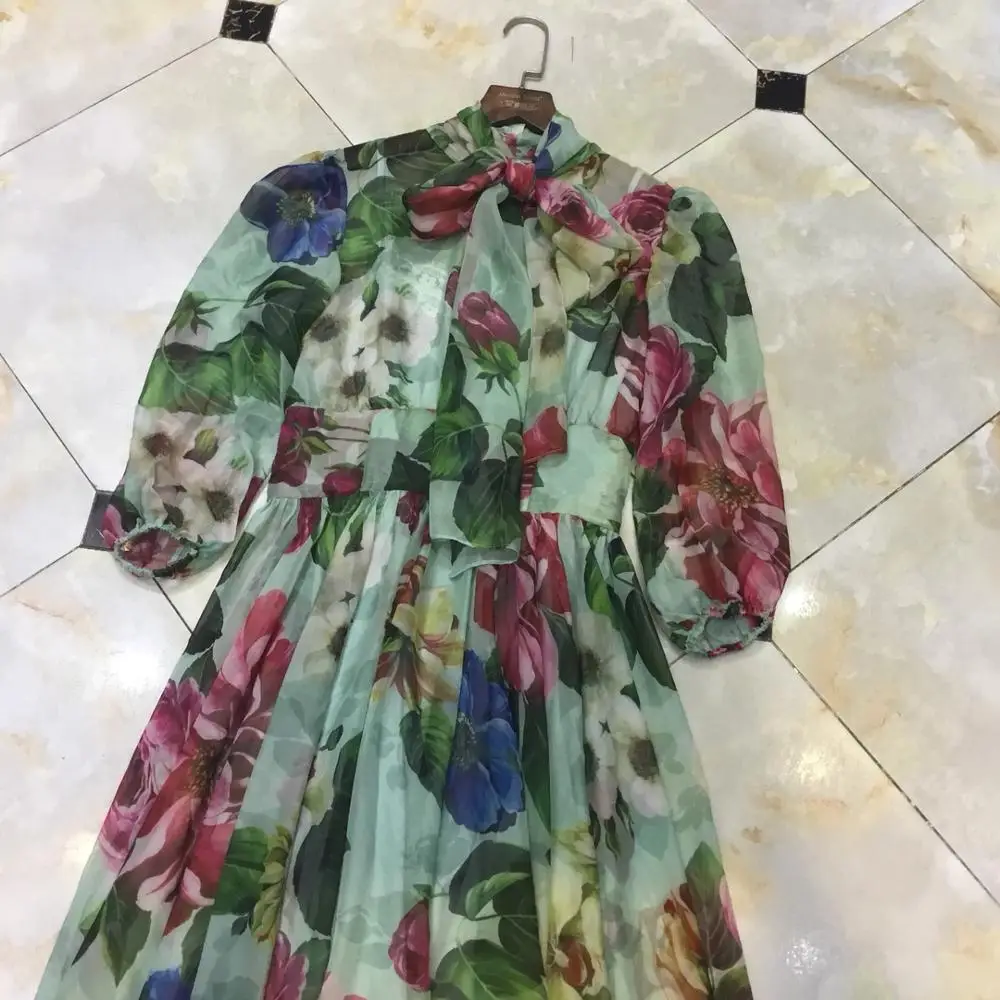 

Summer Designer Holiday Dress Women's Puff Sleeves Colorful Floral Printed Boutique Female Robe Midi Resort Vestidos