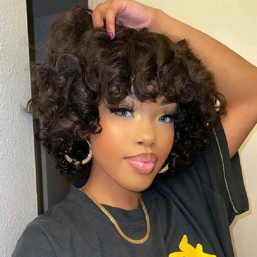 Short Hair Rose Funmi Curly Wig With Bangs Human Full Machine Made Deep Wave Fringe Bob Virgin Brazilian | Шиньоны и парики