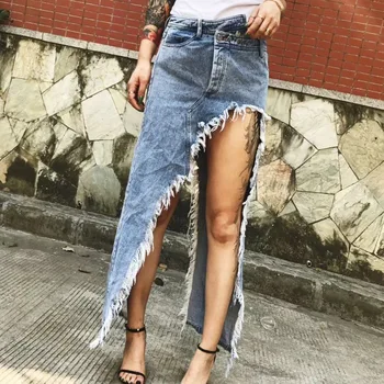 

New Design Denim Skirt Long 2020 New Summer Irregular Split Rough Tassel Edges Blue Casual Ankle-length Worn Denim Skirt Women
