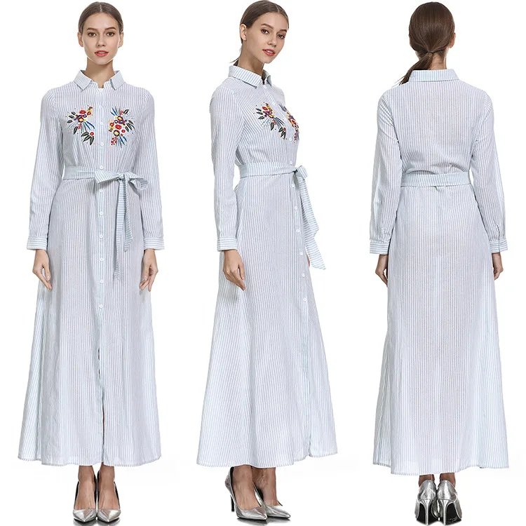 

230 #2019 Shirt Dress WOMEN'S Dress Long Sleeve Stripes Embroidered Robes New Style Ozhouzhan Lace-up Long Skirts