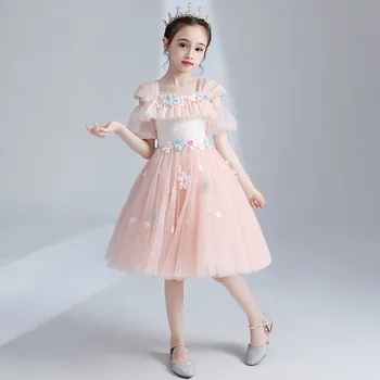 

Korean Sweet Children girls Pink Color Florals Birthday Wedding Party Princess fluffy Dress Kids Teens Host Pageants Dress Wear