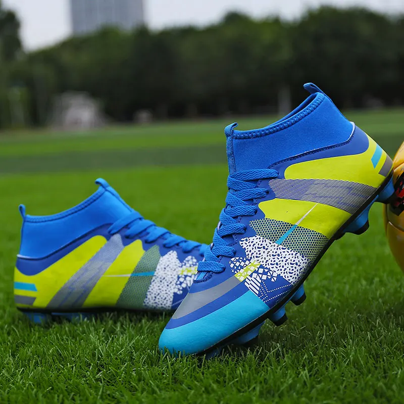 MWY футбольные ботинки высокие мужские Ботильоны уличные мужские спортивные кроссовки футбольная обувь нескользящие футбольные тренировочные ботинки Zapatos De Futbol - Цвет: Синий