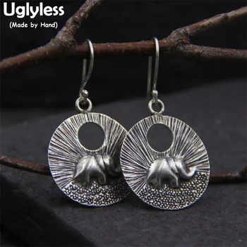 

Uglyless Real S925 Vulcanize Black Silver Thailand Elephant Totem Drop Earrings Handmade Hollow Round Brincos Women Fine Jewelry