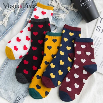 

1 Pair Women Long Socks Comfotable Warm Cotton Love Heart Shape Pattern Style Campus Student Girl Fashion Trend Sock Autumn