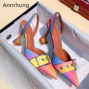 

Iridescent Color Buckle Belt Sandals Women Sexy Pointed Toe Back Straps Unique Goblet Heel High Heel Party Shoes Woman