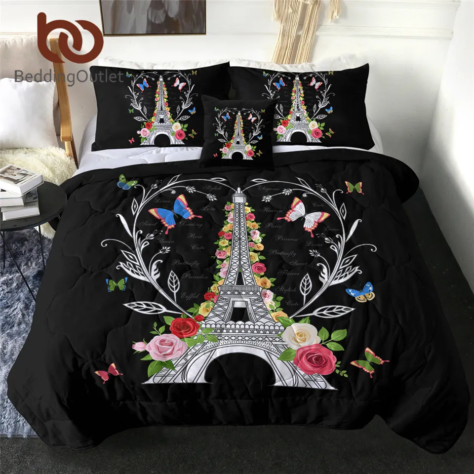 

BeddingOutlet Paris Tower Quilt Romantic Summer Blanket Rose Floral Bedding Set 4-Piece Air-conditioning Butterfly Comforter Set