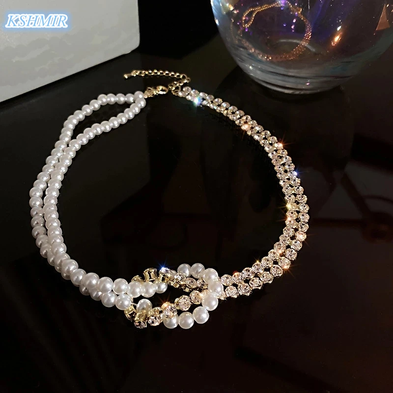 European and American Temperament Pearl Stone Knot Splicing Choker Korean Fashion Jewelry Girl's Sexy Necklace For Wife Gift | Украшения
