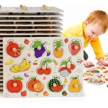 Jeux éducatif d'encastrement en bois 3D Montessori, puzzle planches à main de pièces à encaster sur les thèmes animaux, fruits et dessins animés